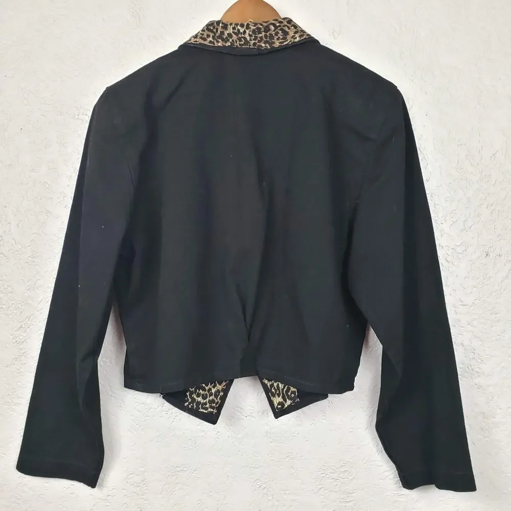 Vintage 90s Denim Open Front Blazer Animal Print Art Pop Classic - L - Picture 2 of 5